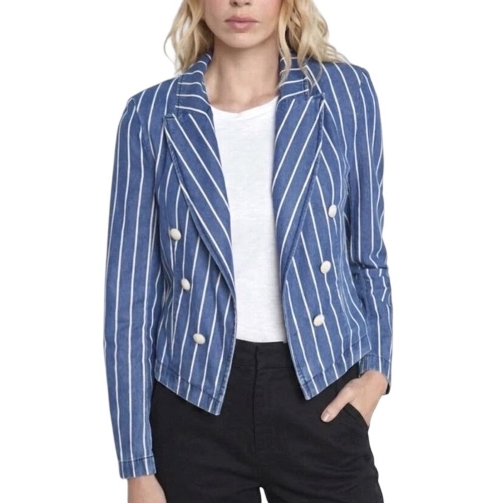 L'AGENCE Wayne Crop Denim Stripe Blazer Jacket Size S Double Breasted Designer